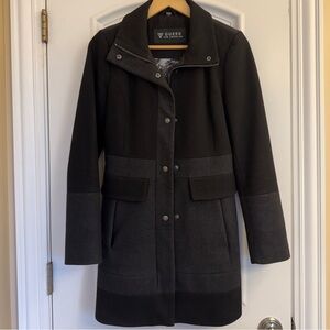 GUESS Women's Black and Grey Wool Pea Coat